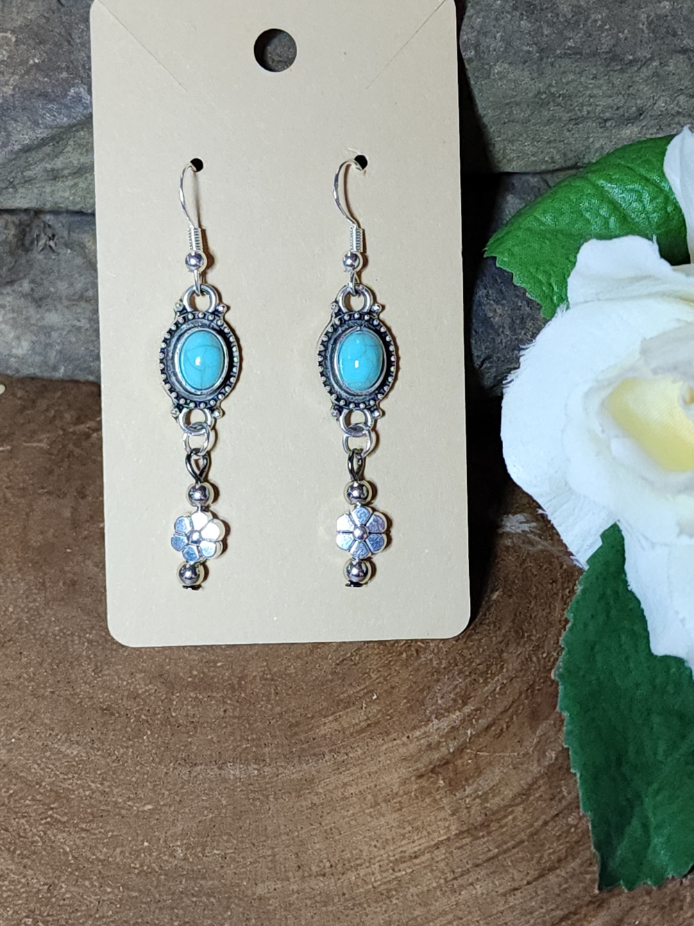 Silver Toned Faux Turquoise Drop Earrings with Floral Accents